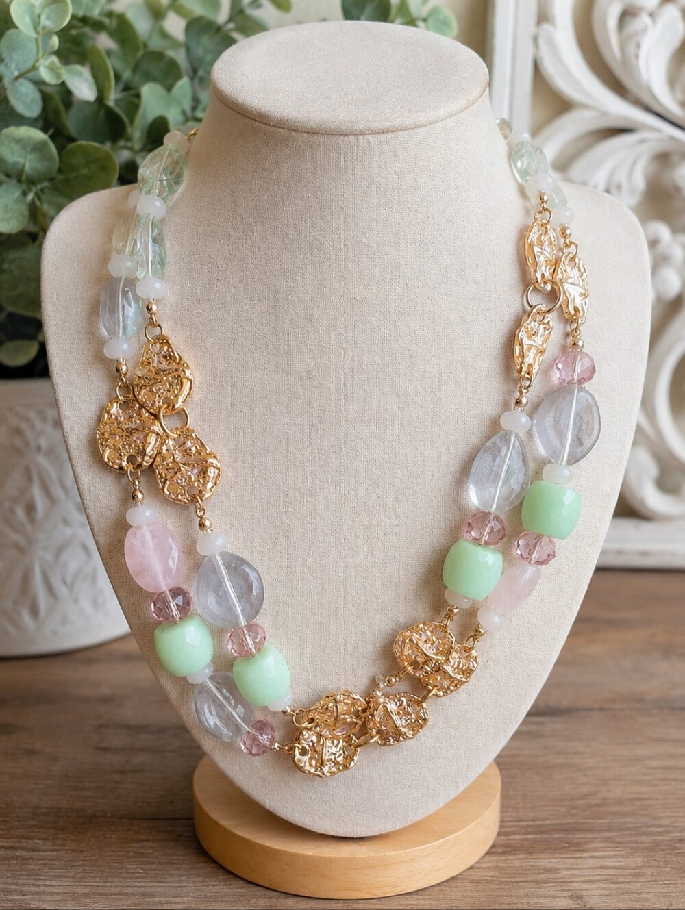Pastel Beaded Statement Necklace Gold Tone Textured Links Adjustable NWT